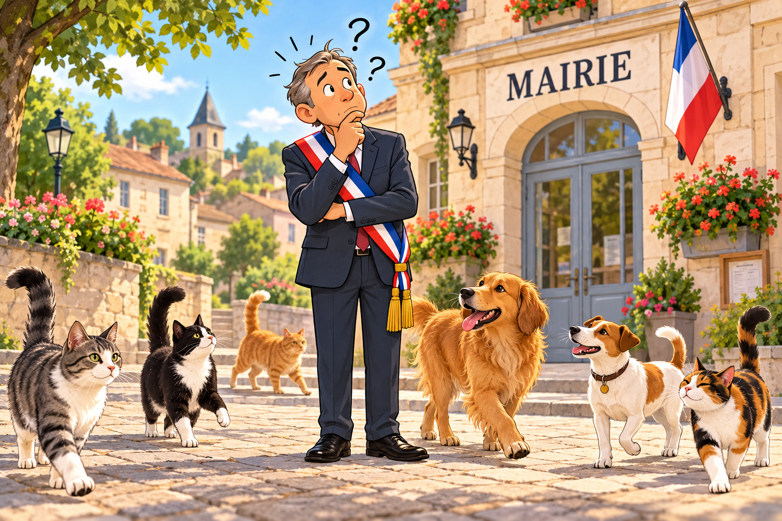 Maire avec son écharpe tricolore entouré de chats et de chiens devant la mairie